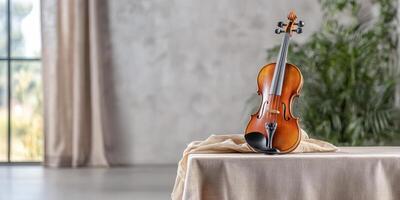 Antique violin resting on table, surrounded by soft drapery and greenery photo