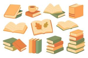 Cozy autumn illustration with stacks of books, warm tones, doodles, and knowledge vector