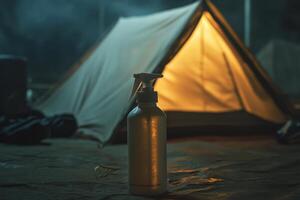 A bottle of bug spray sits on the ground next to a tent photo