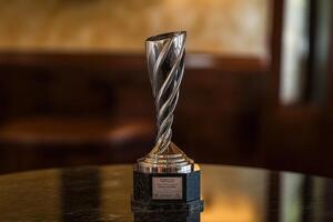 A silver trophy with a spiral design sits on a table photo