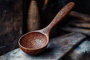 A wooden spoon with a carved design sits on a wooden surface photo