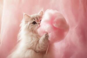 A cat is holding a pink cotton candy in its mouth photo