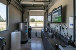 A small room with a refrigerator and a sink photo