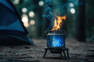 A blue metal container with a flame on top of it photo