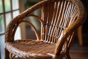 A wicker chair with a wooden frame sits in front of a window photo