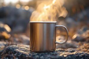 A cup of coffee is sitting on a rock, with steam rising from it photo