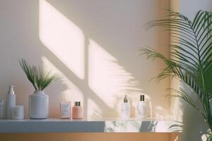 A shelf with a variety of beauty products, including a bottle of lotion photo