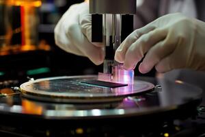 A scientist is using a microscope to examine a small object photo