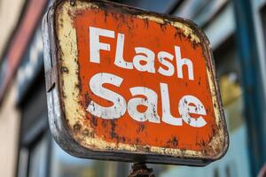 A sign that says Flash Sale is hanging on a building photo