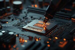 A computer chip is being soldered onto a circuit board photo