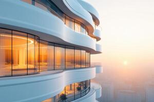 A tall building with a lot of windows and a balcony photo