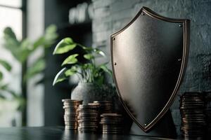 A shield with coins on top of it photo