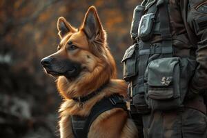 A person is wearing a backpack and standing next to a dog photo