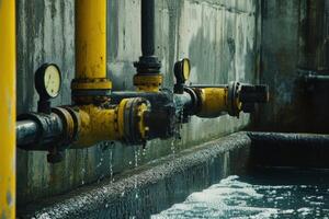 A yellow pipe with a yellow cap is dripping water photo