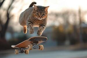 A cat is jumping on a skateboard photo