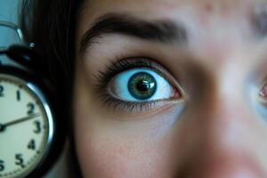 A woman with a green eye stares at a clock with the hands at 300 photo