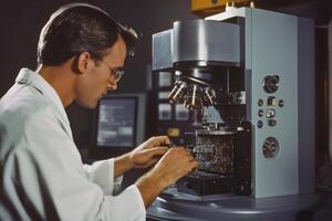 A man in a lab coat is working on a machine photo