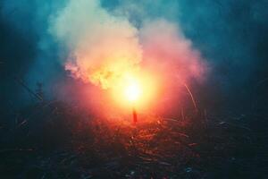 A fire is lit in a field of dry grass photo