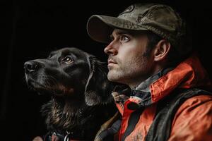 A man and his dog are standing together in the dark photo