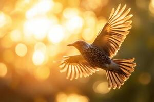 A bird is flying in the sky with the sun shining on it photo