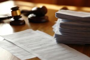 A stack of papers on a table with a gavel and a wooden bench photo