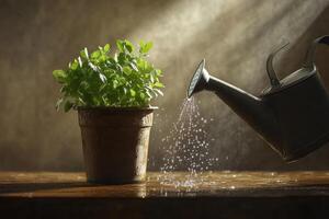A plant is being watered with a watering can photo