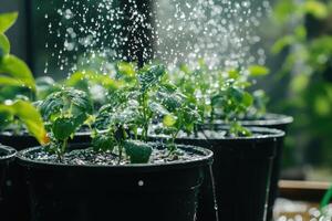 A group of plants are being watered in a greenhouse photo