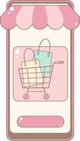 Online Shop Screen Displaying Shopping Cart With Bags. Cute and Simple Style. vector