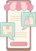 Online Shop Screen Displaying Speech Bubbles With Shopping Bags and Delivery Package. Cute and Simple Style. vector