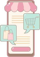 Online Shop Screen Displaying Speech Bubbles With Shopping Cart and Bags. Cute and Simple Style. vector
