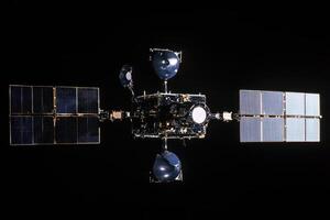 A satellite with solar panels is shown in the image photo