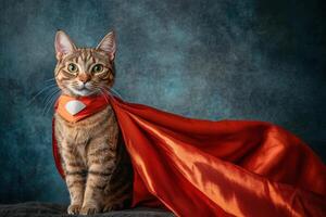 A cat is wearing a red cape and standing in front of a blue background photo