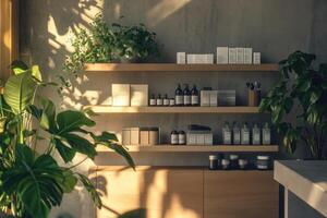 A shelf with many bottles and a potted plant photo