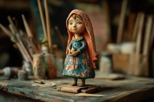 A small doll is standing on a wooden surface photo