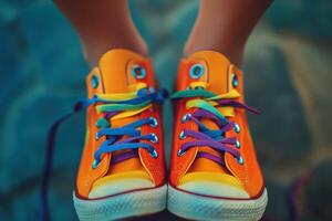 A pair of colorful Converse sneakers with rainbow shoelaces photo
