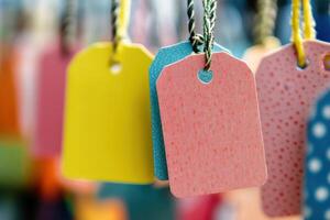 A bunch of colorful tags hanging from a string photo