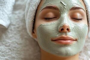 A woman with a green face mask on her face photo