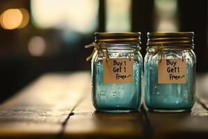Two jars with a label that says Buy 1 Get 1 Free on them photo