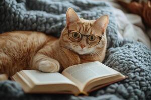 A cat is laying on a bed with a book in front of it photo