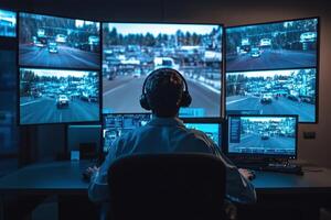 A man is sitting in front of a computer monitor with a headset on photo