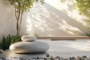 A stone bench sits in front of a wall with a tree behind it photo