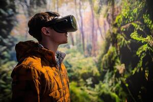 A man wearing a VR headset is looking at a forest photo