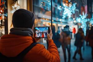 A man in an orange jacket is taking a picture of a crowd of people photo