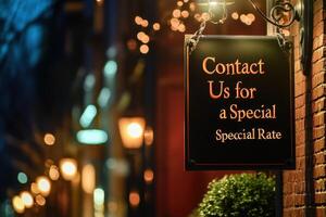 A sign that says Contact Us for a Special Rate photo