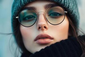 A woman wearing a blue hat and glasses with a pink lip color photo