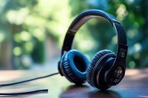 A pair of headphones is sitting on a table photo