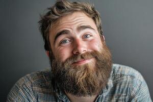 A man with a beard and a plaid shirt is smiling photo