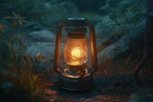 A lantern is lit in a forest setting photo