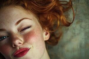 A woman with red hair and freckles is smiling and looking at the camera photo