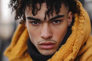 A man with a beard and dark hair is wearing a yellow hoodie photo